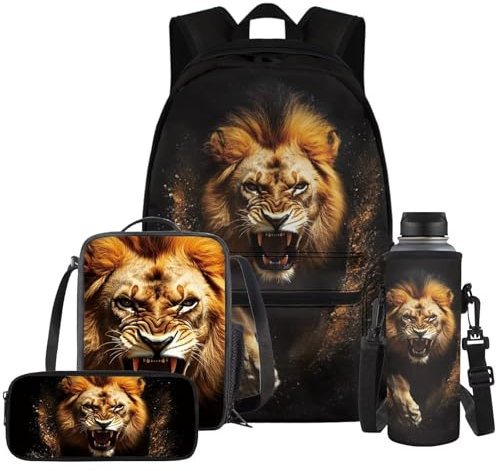 YDFISH Lion Elementary School Backpack for Boys Cool Kids School Bag with Lunch Bag & Pen Case & Water Bottle Holder Boys Backpack 10-12 Years Old Casual Travel Bookbag Satchel Laptop Bags