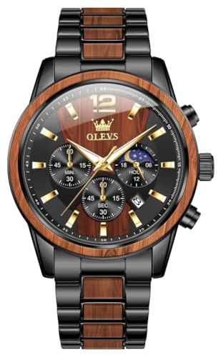 OLEVS Herrenuhr Analog Quarz Holz Armbanduhren Luxus Kleid Chronograph Edelstahl Wasserdicht Leuchtende Uhren Herren Geschenk