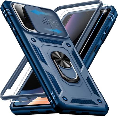 Giyer Panzerhülle für Samsung Galaxy A17 Hülle mit Schutzfolie, Handyhülle A17 4G/5G Case mit Kameraschutz 360° Metall Ring Ständer, Stoßfest Schutzhülle für Samsung A17 5G Cover Tasche (Blau)