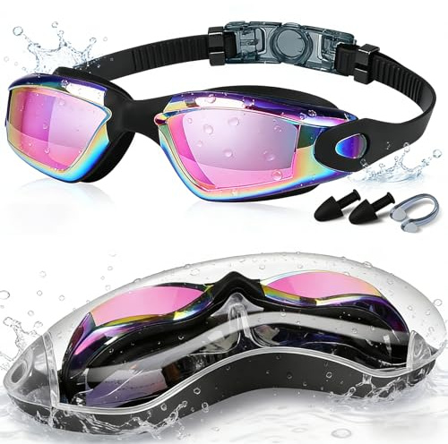 wiipara Swimming Goggles, Unisex Goggles Silicone Nose Bridge Clear Vision Anti Fog Waterproof UV Protection Easy Adjustment for Men Women Adults Youth, Pink Mirrored