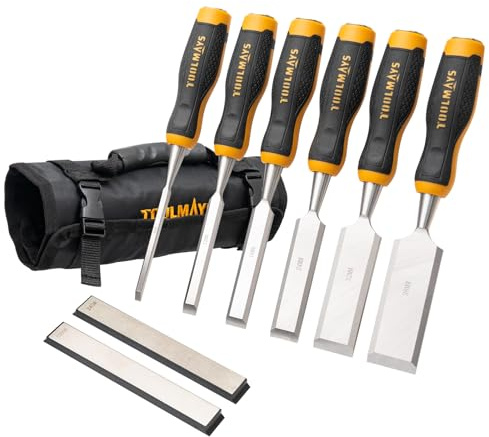 TOOLMAYS Stechbeitel Set für Holz inkl.Tasche und Schleifstein, 6-teiliger Stemmeisen Set, Holzmeiselset mit 25° Keilwinkel