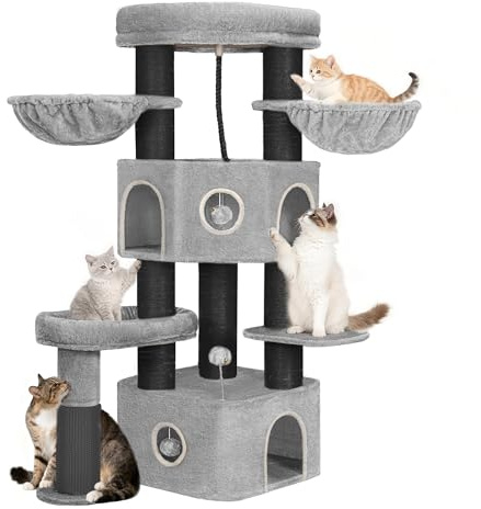 Hzuaneri Kratzbaum, 163cm Hoch, 11cm Dicke Sisalsäule, Hellgrau Schwarz | Katzenbaum für Große Katze, 2 Höhlen, Geräumige Plattform, Plüschball, Katzenbürste, Mehrstöckiger Katzenkratzbaum, MS16318BG