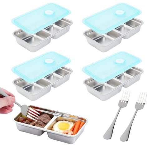 BZUEPRS 4Pcs Stainless Steel Lunch Box with Compartments, Bento Box Snack Container with 2 Forks for Kids Adults, Reusable Leakproof Snack Pots with Airtight Lids, for School Work Travel Camping