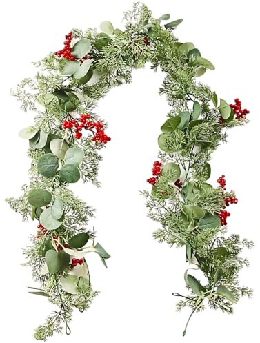 Weihnachtsgirlande, 180 cm Tannengirlande mit Eukalyptus und roten Beeren, Lange Girlande für Weihnachtsdeko Outdoor, perfekt für Balkon, Türrahmen oder Kamin, Christmas Garland Treppen Outdoor Deko
