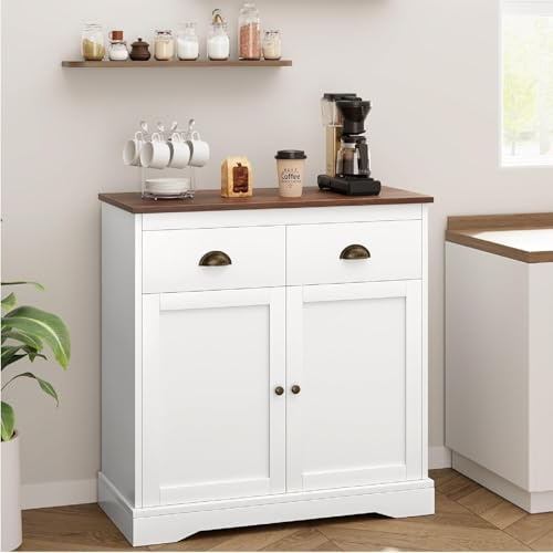 Niwugady Sideboard, Küchenschrank, Buffet-Schrank mit 2 Türen und 2 Schubladen, 80 x 40 x 90cm, Küchenschrank mit Arbeitsplatte & Verstellbares Regal für Küche, Esszimmer, Wohnzimmer, Weiß