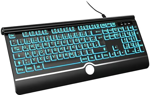 DHKBL Großdruck Computertastatur mit 7 Umschaltbaren Hintergrundfarben – Kabelgebundene DE-Vollformat-Tastatur mit Ziffernblock, Verstellbaren Füßen, für Office & Windows PC (QWERTZ)
