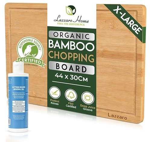 Lazzaro X-Large Wooden Chopping Board (44 x 30 x 2cm) with 250ml Food-Grade Mineral Oil - Double Sided Pre-Oiled Chopping Board - Premium Kitchen Board for Meat