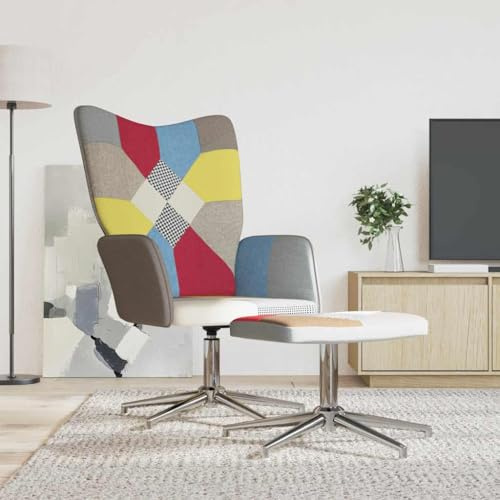 SooIarix Relaxfåtölj med pall, lappteknik tyg, vridbar, stoppstol, öronfåtölj, loungefåtölj, stålram, flerfärgad