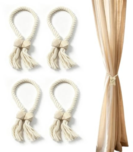 DKLUOLAN 4 Pièces Embrasse Rideau magnetique, | Attache rideau en bois avec coton tressé, Embrasse pour rideaux pratique pour salon chambre bureau.