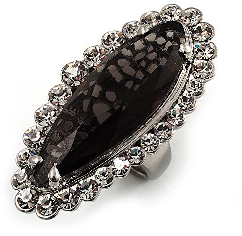 Grosse bague de cocktail ovale en cristal plaqué rhodium, Verre, Cristal,