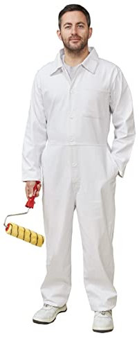 Fit For The Job 100% Cotton Drill Multi Pocket White Boiler Suit Coverall, Decorators Protective Overall Dungarees for Painting & Decorating, Work Jobs, Heavy Duty Fabric - 44