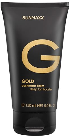 SUNMAXX Gold Cashmere Balm perfect pre tan care -Black Edition- Anti-Age Bräunungsbeschleuniger ohne Selbstbräuner, holziger Duft, mittlere Bräunung, dermatologisch getestet, für jeden Hauttyp, 150 ml