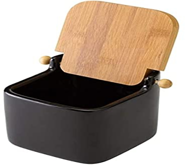Home Line Salero Cuadrado de cerámica con Tapa de Madera (12x12x11 cm). Color Negro