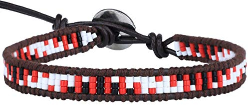 KELITCH Miyuki Seed Perlen Armband Leder Wickelarmband Handgefertigtes Mode BOHO Manschettenarmband (Rot)
