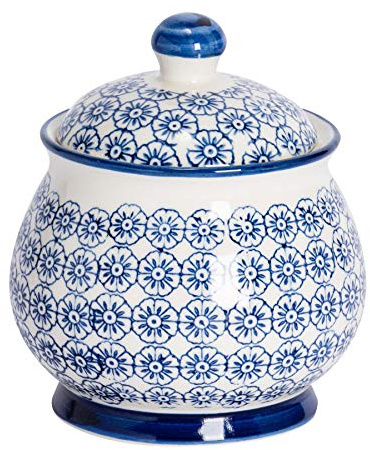 Nicola Spring Patterned Sugar Bowl with Lid - Navy - Pack of 1 - Porcelain Hand Printed Sugar Pot China Kitchen Salt Jar Seasoning Spice Storage Container