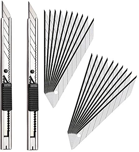 Gebildet 2pcs Rechte und Linke Hand Edelstahl Cuttermesser mit 20pcs 9mm Abbrechklingen / 30 Grad Folienmesser/Profi Teppichmesser/Grafikmesser/optimal für Folien,Tapete, Bastelarbeiten, Kartons