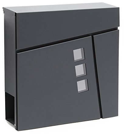 Wiltec Designer Briefkasten V24 Anthrazit 370 x 105 x 370 mm, Wandbriefkasten mit Schloss, Sichtfenstern und Zeitungsrolle, Postkasten aus pulverbeschichtetem Stahl