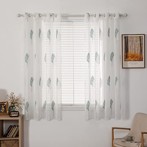 MIULEE Kurz Gardinen mit Türkis und Weiss Blätter Muster 2er Set 140x160cm | Modern Stickerei Wohnzimmer Vorhänge Transparent mit ösen für Schlafzimmer Deko, Schöne Blätter Muster Vorhang Fenster