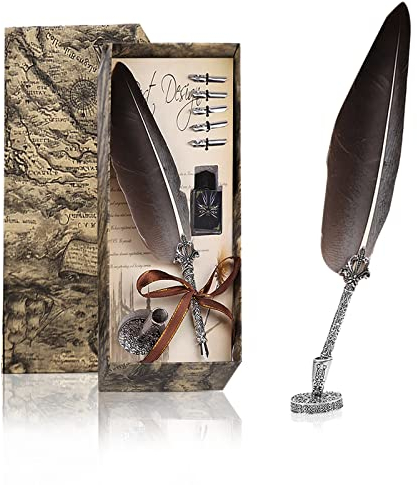 Feder Stift Set, Antike Kalligraphie Schreibfeder Schreib Federkiel Dip Pen Zum Schreiben Füller Mit 5 Ersatzspitzen Tintenfass Kaligraphie Quill Stifte Federstift Tinte Kalligraphie Feder(Schwarze)