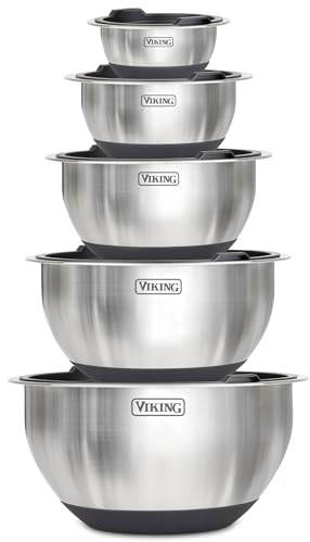 Viking Mixing Bowls Set, 10 Piece Stainless Steel Kitchen Cookware, Non-Slip Silicone Base, Includes Tight Fit Lids, Dishwasher Safe, Black