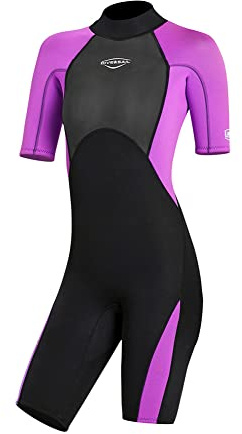 Mens Wetsuit Women Adult Shorty 2MM Neoprene Wet Suit Diving Scuba Surfing Suits, One Piece Short Sleeve Thermal Wetsuits Back Zip Swimsuit for Snorkeling Kayaking Water Sports (L, 2MM Women Purple)