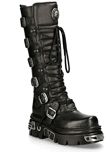 New Rock 272-S1 Bottes Hautes Gothiques Emo en Cuir Noir Métallisé Avec Lacet et Fermeture à Boucle