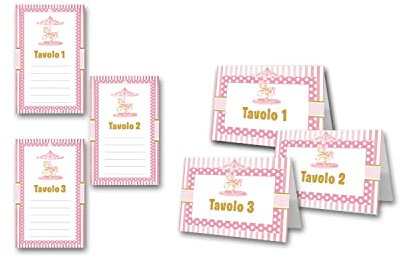20 Cartellini Segnaposto (10x8cm) + 20 segnatavolo (15x10cm) per festa battesimo stampati con cura segnatavolo di carta per bimbo e bimba Decorazione tavolo per festa cena e cerimonia (Carrusel Rosa)