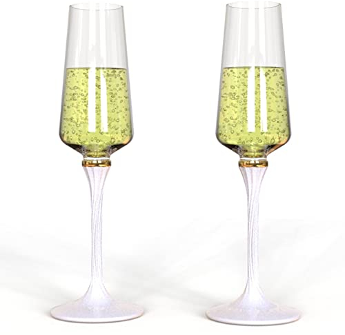 AmazinJ Champagne Flutes Set of 2 – Deluxe Champagne Glasses Personalised for Bride and Groom – Fine Quality Italian Glassware with 18K Gold Ring – Ideal for Wedding, Anniversary, Engagement