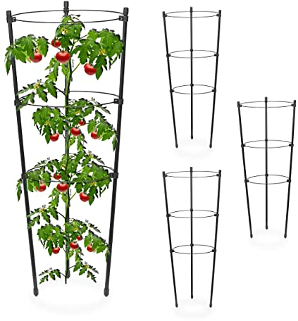 Relaxdays Rankhilfe 4er Set, Metall & Kunststoff, 45 cm hoch, 3 verstellbare Ringe, Rankstütze Kletterpflanzen, schwarz
