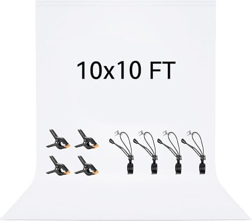 Vevelux 3x3M/10x10FT White Backdrop 100% Polyester Photography Background | Foldable Washable White Fabric with 4 Spring Clamps & 4 Anti-Wrinkle Backdrop Clips for Portraits Party Studio Photo Shooting