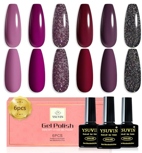 YSUVIN Smalto UV per unghie, 6 colori (viola, tortora, glitter nero), set Soak-off, per principianti, fai da te, manicure, salone, durevole, 8 ml
