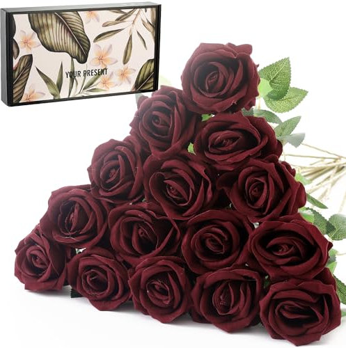 Cloudecor Kleine künstliche Rosen, Samt, fühlt sich echt an, einzelner Stiel, künstliche Rosen, Seide, realistische Blumen, Arrangements, Heimbüro, Party, Hochzeitsdekoration (Perlrosen, Weinrot, 15