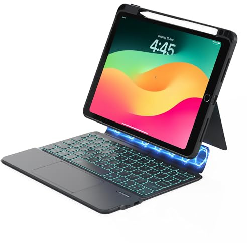 ZENLU Funda para iPad de 9ª generación con teclado desmontable, carcasa protectora resistente, trackpad multitáctil, soporte para bolígrafo, soporte vertical, teclado retroiluminado para iPad 7, 8, 9