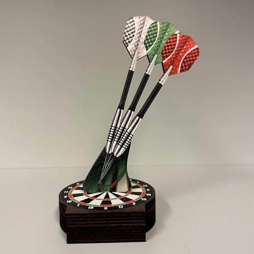 Dartpfeil Pokal aus Holz mit Gravur - Personalisierte Darts Trophäe Award | Individuelle Holztrophäe mit Photodruck, inklusive Gravurschild für Turniere und Vereine, hochwertig handgefertigter Award