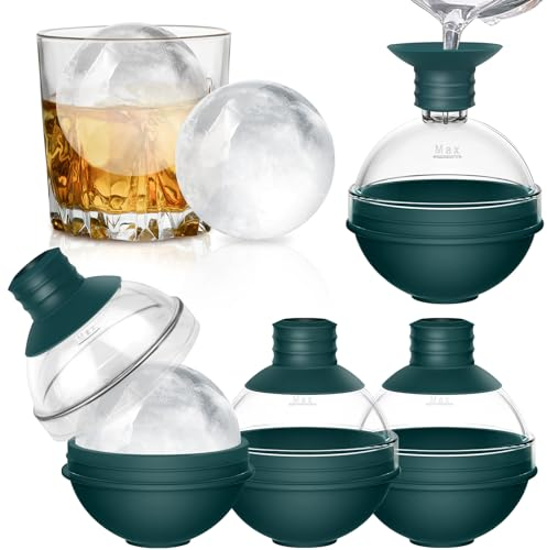 Large Ice Cube Moulds, 4 Pack Silicone Sphere Ice Ball Maker with 2-in-1 Funnel Lid, Reusable Round Ice Cube Moulds Easy to Pop Out, Prefect for Whiskey, Cocktails, Bourbon (Green)