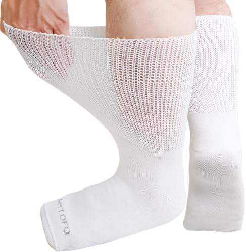 ZFSOCK Diabetessockor för Män Extra Breda Mjuka Toppar för Svullna Fötter Anklar Ben Sjukhusskor med Grepp Icke-Bindande Mjuk Grepp Icke-Elastisk Lös Passform Ödemssockor Vit 3 Paren 47-50