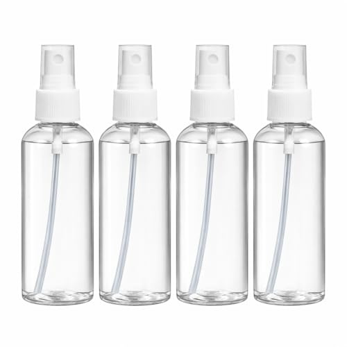 4 Pack 100ml Clear Spray Bottles – Refillable Fine Mist Spray Bottles for Travel Toiletries, Perfume, Sanitiser, Cleaning Solutions, Hair Spray & Plant Watering, Portable Leakproof Plastic Spray Pump