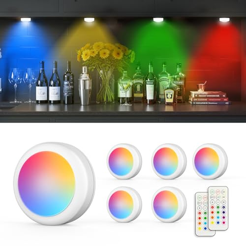 Moman Schrankbeleuchtung 6 Stück, 13 Farben LED Unterbauleuchtenl mit Fernbedienung, Dimmbar Batteriebetrieben Timing-Funktion Vitrinenbeleuchtung Partyleuchten für Küche, Schlafzimmer (T025 Weiß)