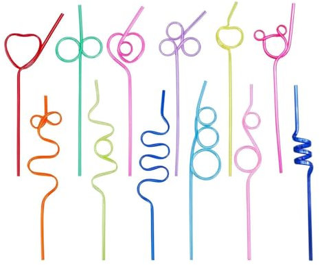 12 Pcs Colorful Curly Straws, Multi-Shaped PVC Drinking Plastic Straws,Fun Drinking Straws Reusable for Kids and Adults, for Friends' Gathering Birthday Party Cocktail Supplies Family Reunion Favors