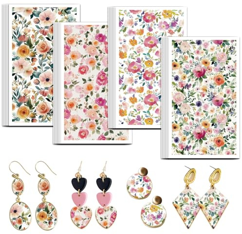 OLYCRAFT 24pz Carta Da Trasferimento In Argilla Fiori Ad Acquerello 4 design Carta per Trasferimento Vintage Floreale per Argille Polimeriche Fogli di Trasferimenti per Creazione di Gioielli Orecchini