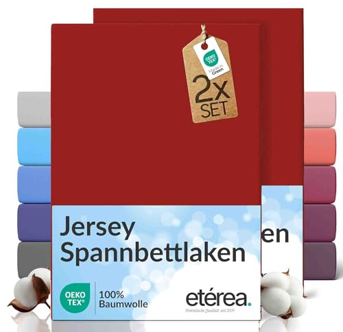 etérea Jersey 2er Set Spannbettlaken 180x200cm - 200x200cm Kirsche bis 25 cm Höhe - 100% Baumwolle Spannbetttuch Oekotex - Doppelpack Bettlaken 180x200 cm - 200x200 cm - Rot