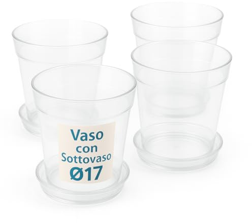 Tomaino - Vase transparent pour orchidée en plastique avec soucoupe - Pour rempotage des plantes intérieures et extérieures (4, Ø 17)