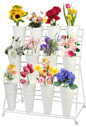 KEPMOGOH Flower Display Stand With Buckets,Flower Holder With Wheels, Moving Bouquet Shelf Rack For Patio Garden Balcony Flower Shop, Outdoor Flower Pop-Up Events (3 TIER WHITE SHELF WHITE BUCKET)