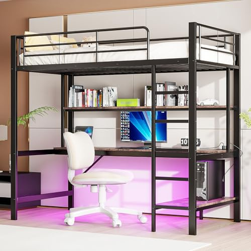 Lcoho Hochbett, Geländer, Trittleiter, mit USB und Steckdose, Mit LED-Leuchten, Schreibtisch, mehrstöckiges Regal, ohne Matratze, Metall (Schwarz, 90x200 cm)