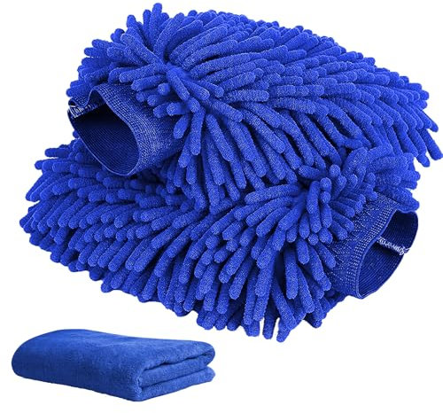 Guanto Lavaggio, Panno per Lavaggio Auto Kit, 2 Pezzi Guanti in microfibra per lavaggio auto con 1 Panno in Microfibra, Guanto Deluxe in Microfibra per la Pulizia Dell'auto, senza graffi