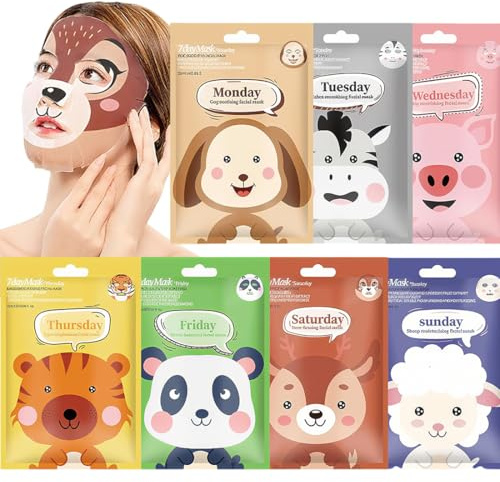 GXGM 7 Pezzi Set Maschere Viso,Maschera Viso Purificante,Maschera Viso Tessuto,Maschera Viso Idratante,Maschere Per Il Viso Viene Fornito Con Graziose Stampe Di Animali,Adatto a Tutti i Tipi Di Pelle