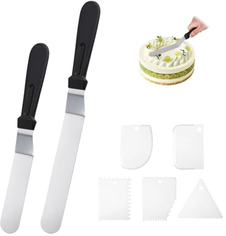 Hauojaus 2 Stück Winkelpalette Edelstahl, Tortenmesser Tortenspachtel mit Holzgriff Und 5 Teigschaber, 6 inch/8 inch (15.24 cm/20.32 cm) für Backen,Verteilen Und Dekorieren Von Torten（Schwarz）