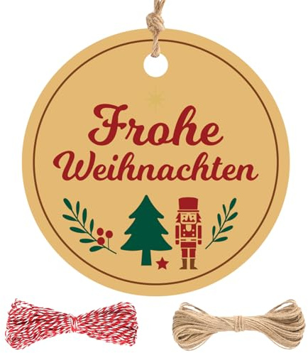 jijAcraft Frohe Weihnachten Kraftpapier Geschenkeanhänger: 6cm Rund Weihnachtsanhänger 100 Stück Frohe Weihnachten Papieretiketten Tags mit Schnur für Weihnachtsbaum Party Dekoration