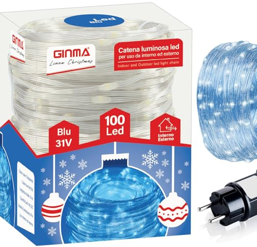 GINMA - Luci Natale LED Interno e Esterno con 8 Effetti Luce, Certificate IP44, Basso Consumo e Impermeabili - Cavo Trasparente (Blu Zaffiro, 7 Metri (100 LED))