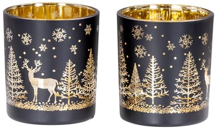 levandeo 2er Set Teelichthalter Schwarz Gold Winter Landschaft Glas Kerzenhalter Tischdeko Weihnachten Kerzen Deko Wohndeko Kerzenglas
